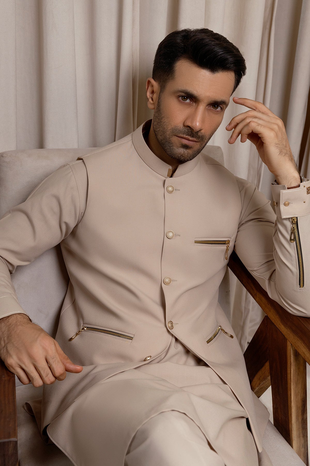 Men’s Ivory Waistcoat Set with Golden Accents