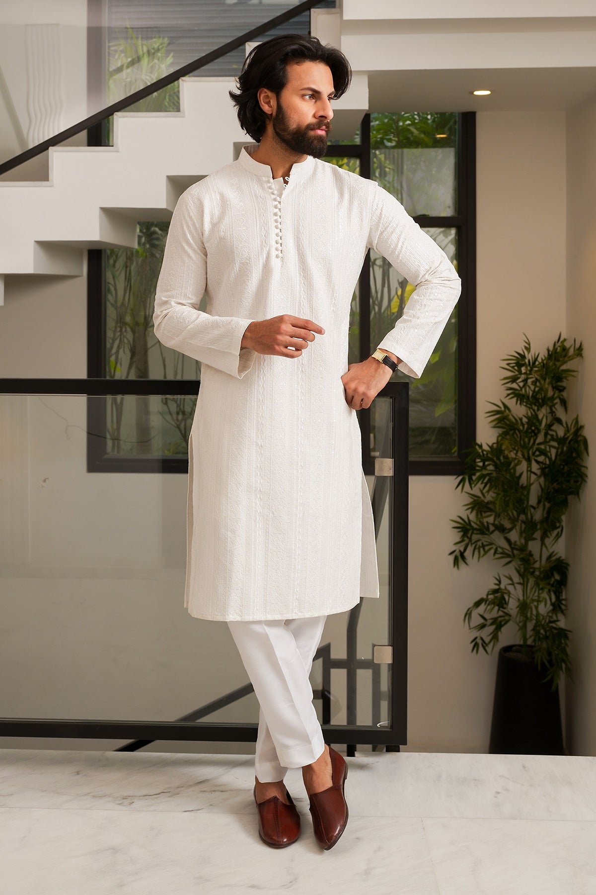 Pearl White Designer Kurta Pajama