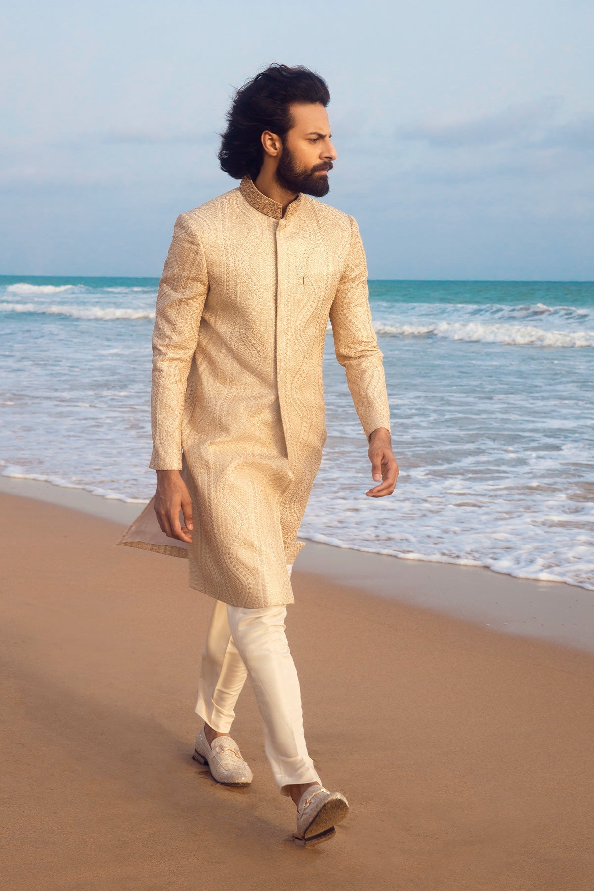 Beige Raw Silk Sherwani with Subtle Texture