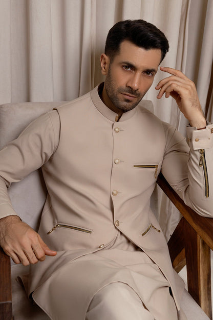 Men’s Ivory Waistcoat Set with Golden Accents