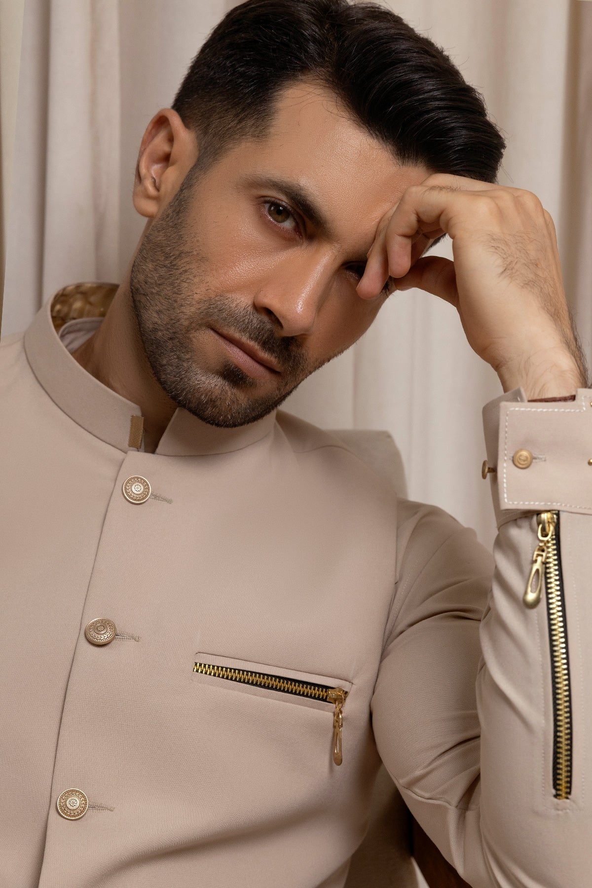 Men’s Ivory Waistcoat Set with Golden Accents