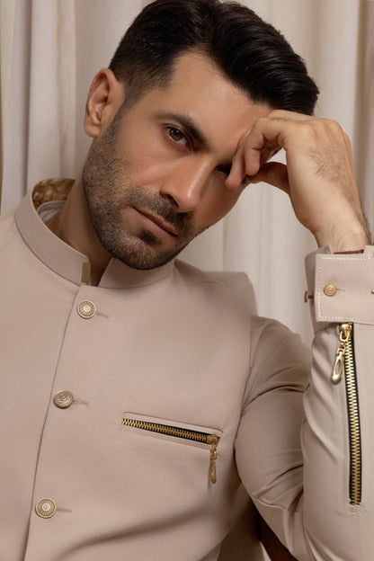 Men’s Ivory Waistcoat Set with Golden Accents