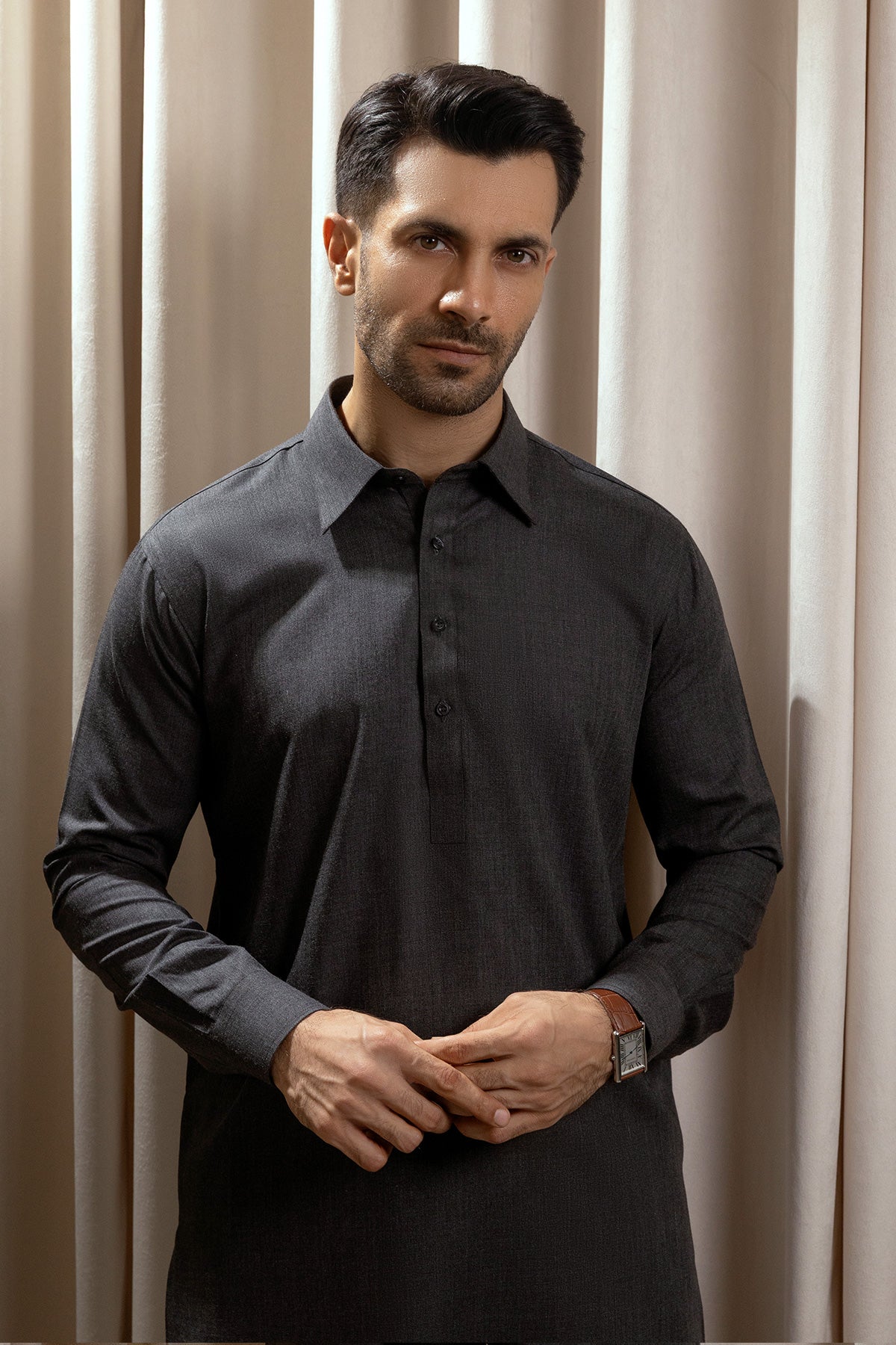 Men’s Midnight Charcoal Short Kurta & Wide-Leg Pajama