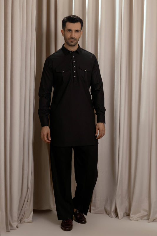 Men’s Black Kurta with Wide-Leg Pajama – Modern Cut