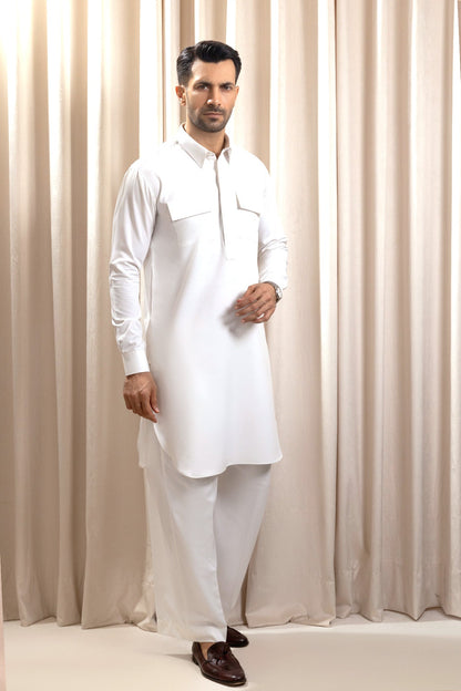 Men’s White Kurta Pajama – Modern Cut with Chest Pockets