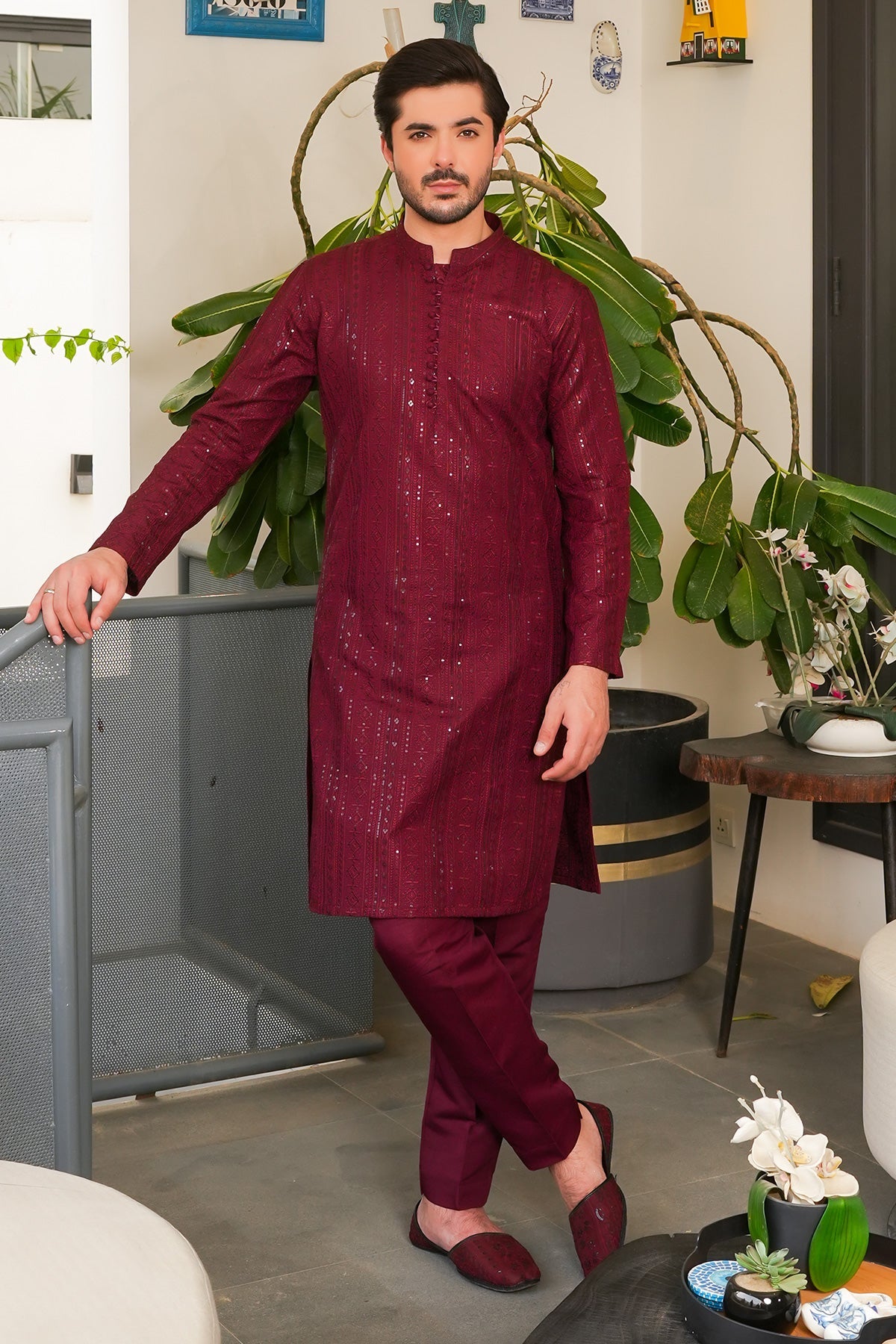 Dark Maroon Designer Kurta Pajama