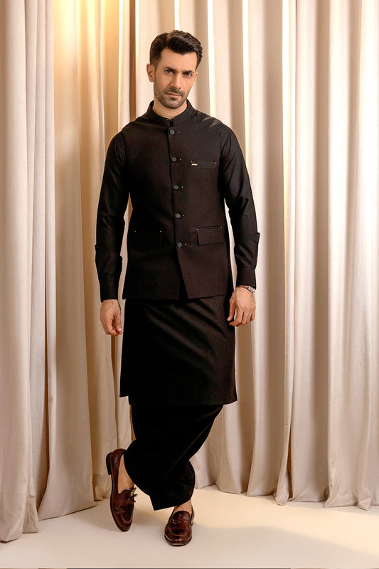 Men’s Black Waistcoat Set with Red Detailing – Basic & Bold