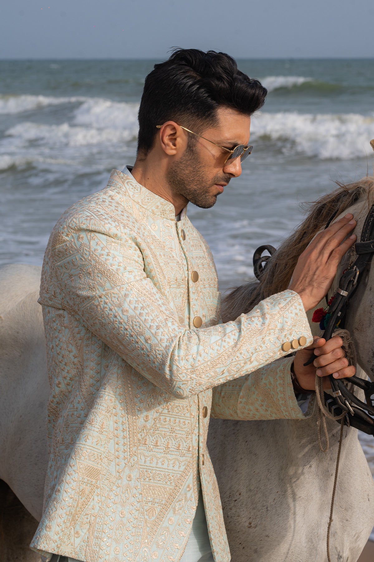 Embellished Off-White Prince Coat Set