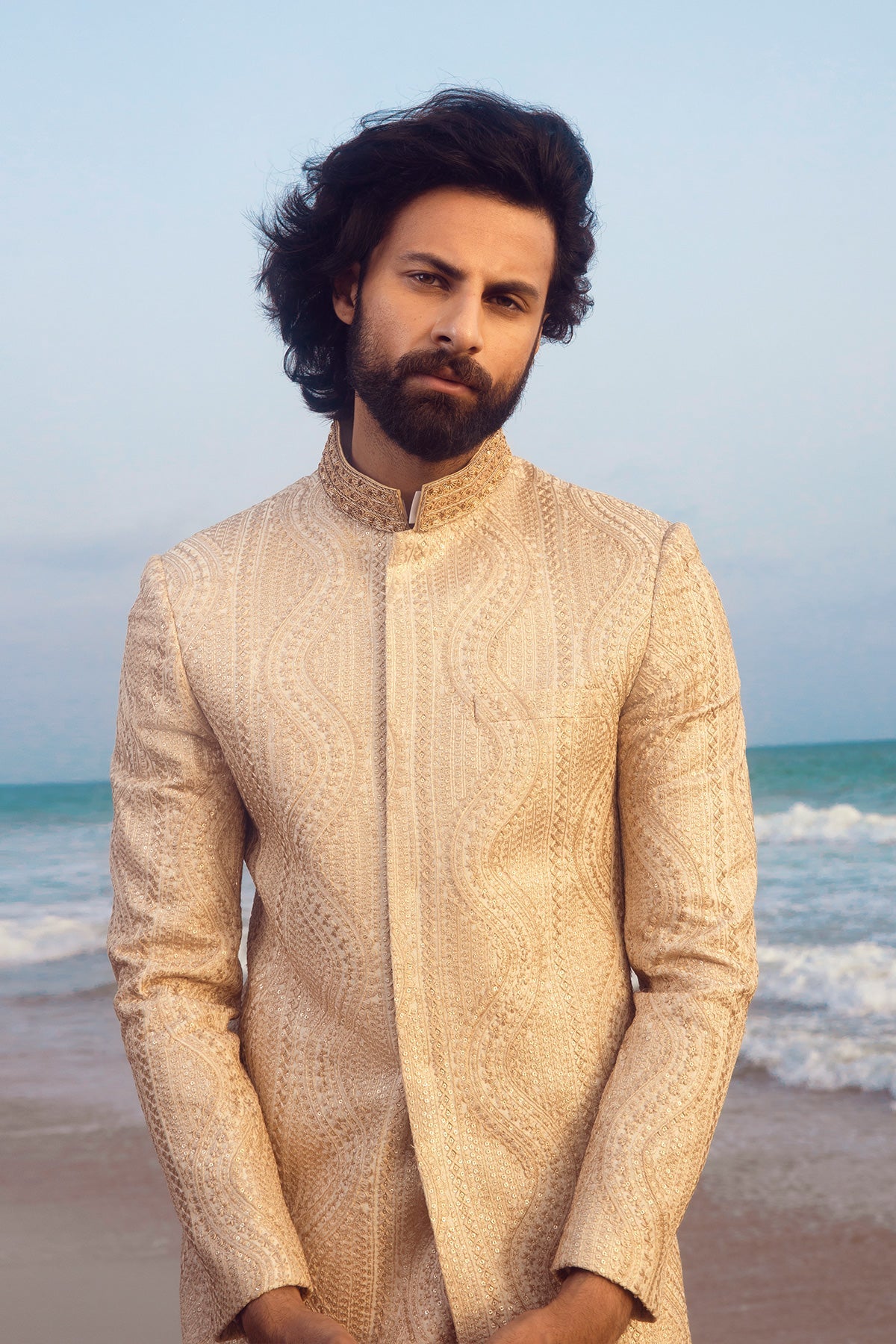 Beige Raw Silk Sherwani with Subtle Texture