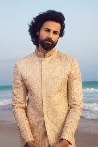 Beige Raw Silk Sherwani with Subtle Texture