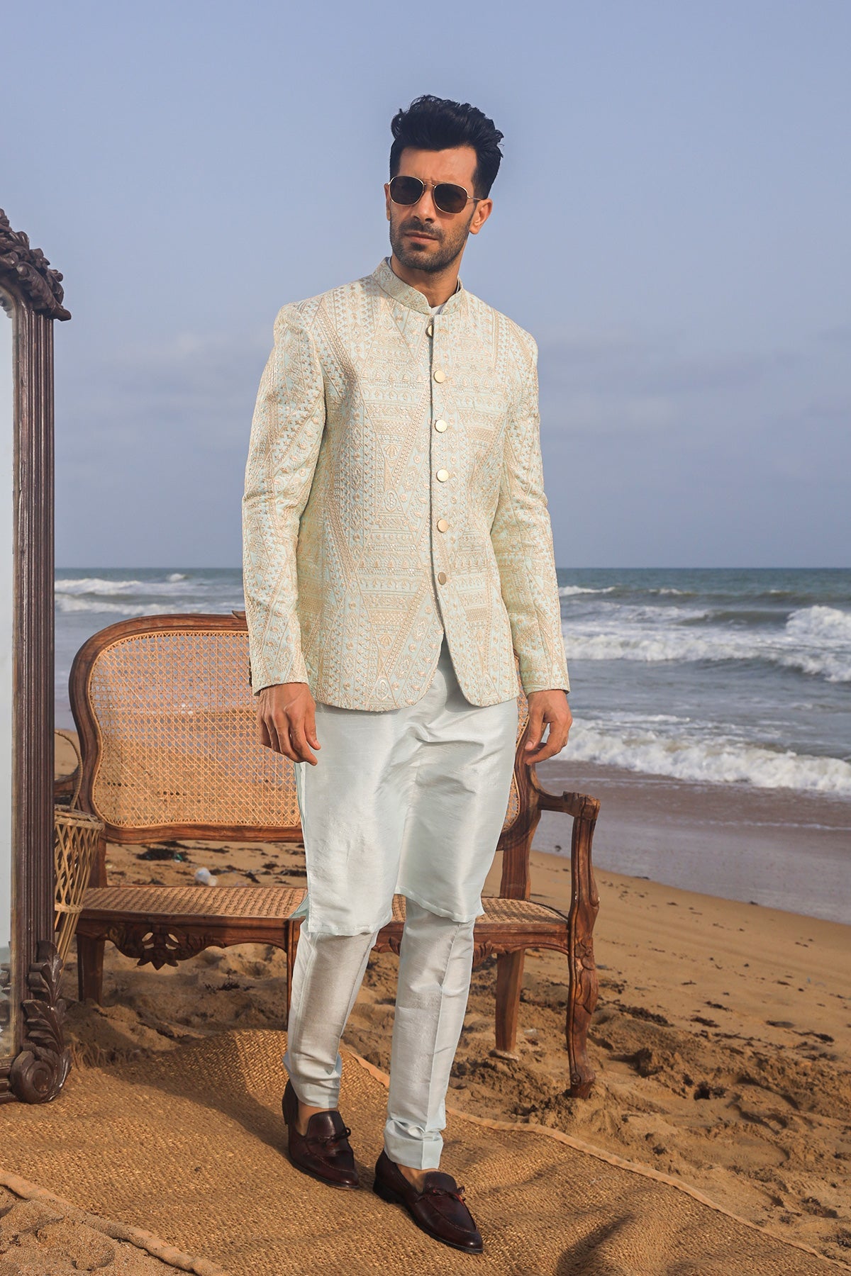 Embellished Off-White Prince Coat Set