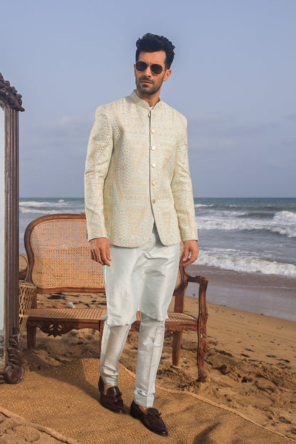 Embellished Off-White Prince Coat Set