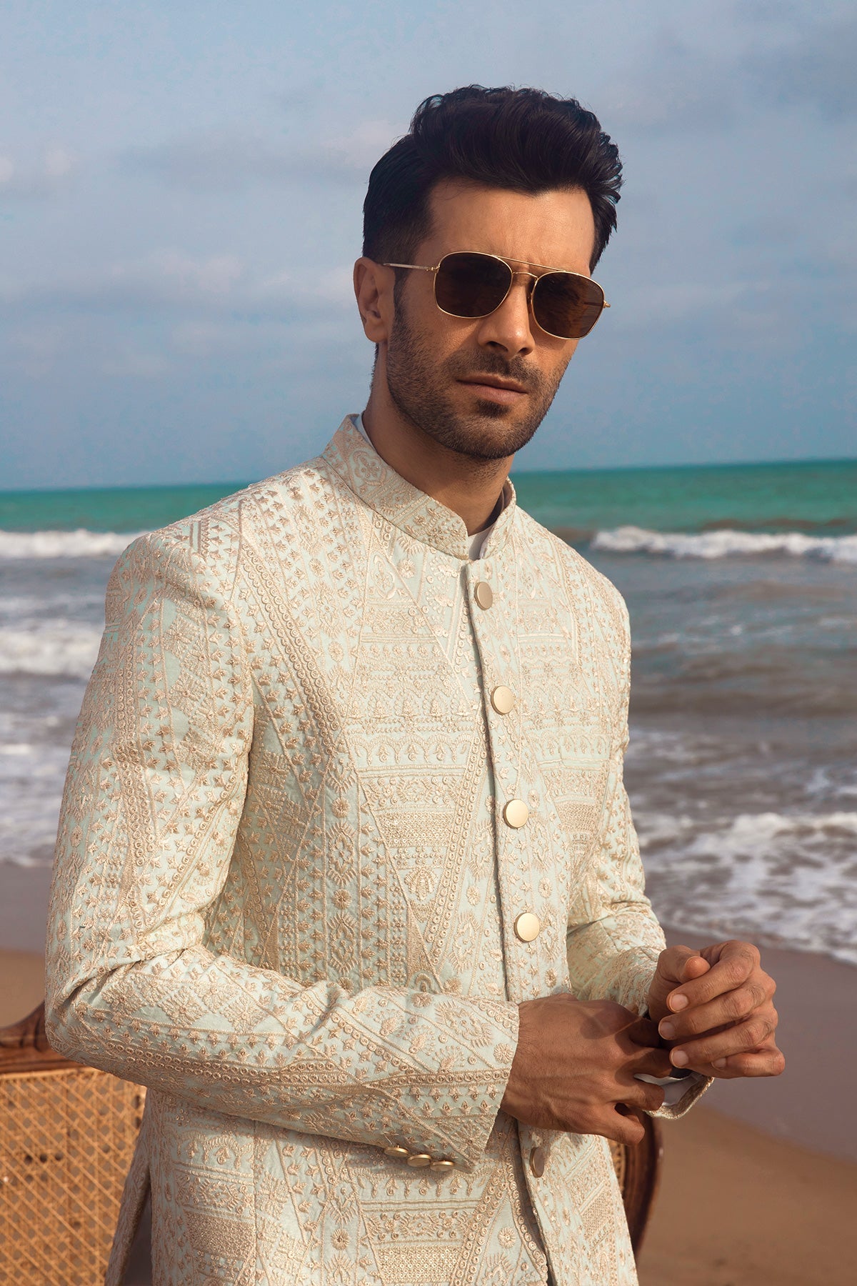 Embellished Off-White Prince Coat Set