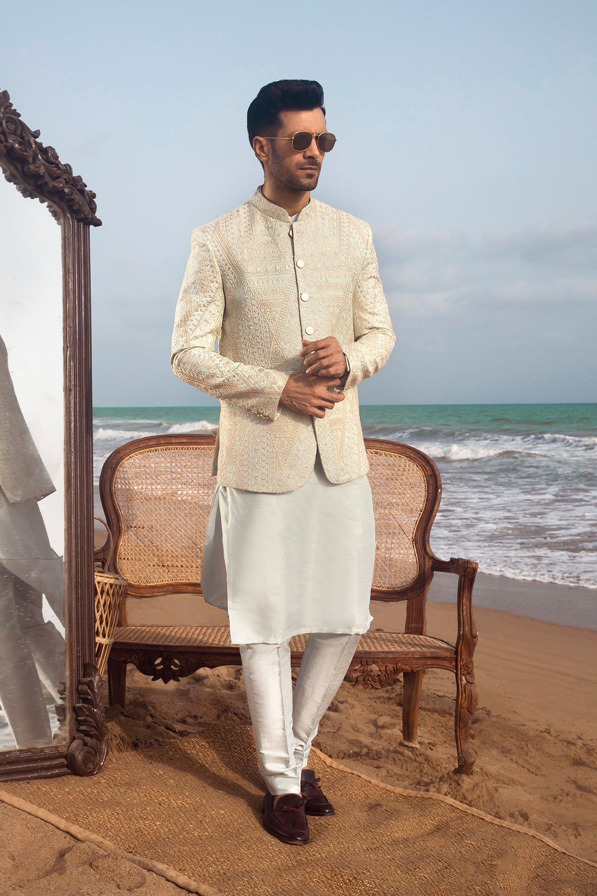 Embellished Off-White Prince Coat Set