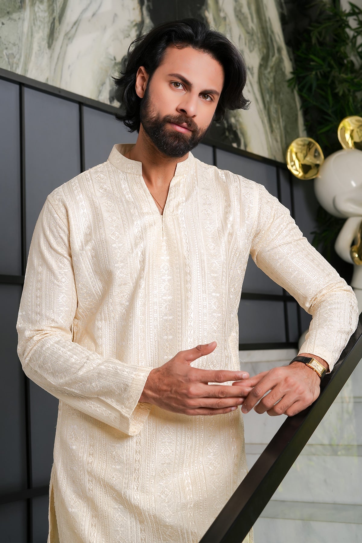Cream Designer Kurta Pajama